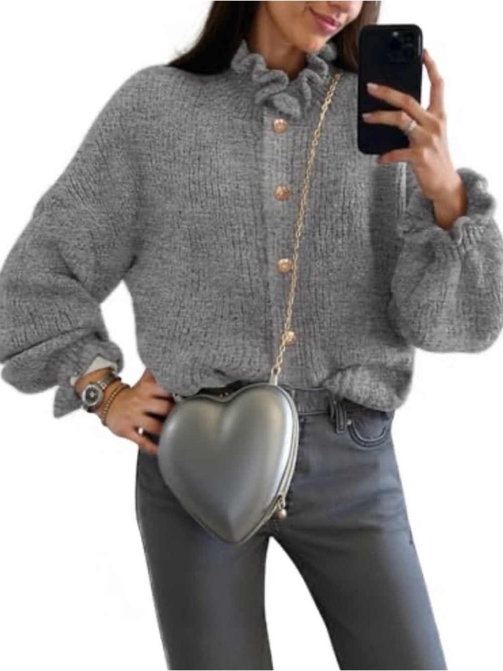 MEROKEETY Ruffle Gray Cardigan Button Down Casual Sweater